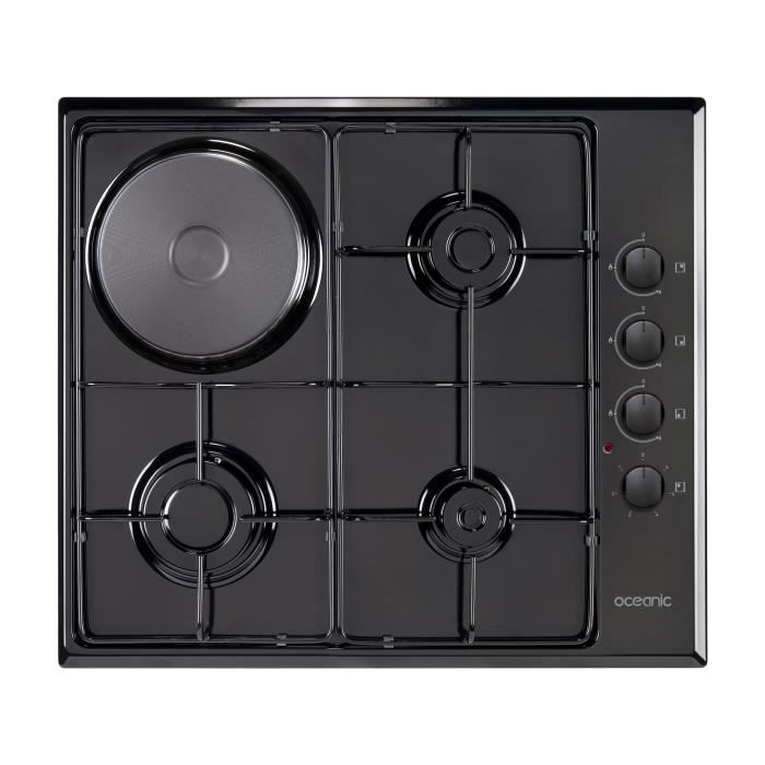 OCEANIC CTM3G1EB - Table de cuisson mixte gaz / électrique-4 foyers-L58xP51cm-Revêtement email-Noir