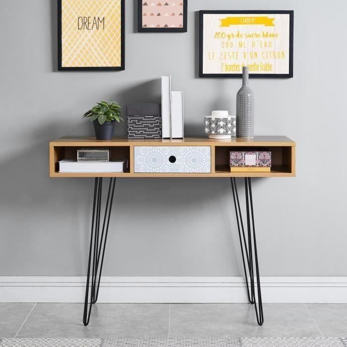 COLETTE Console vintage décor chêne et imprimé bleu + pieds en métal noir laqué - L 100 cm