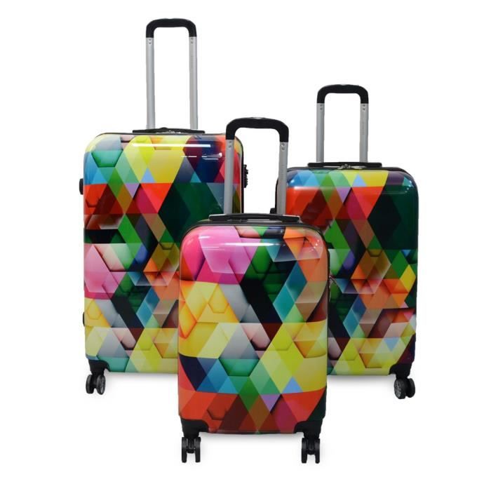 KINSTON Set de 3 Valises rigides Losanges - Coque ABS + PC - 4 roues - Multicolore