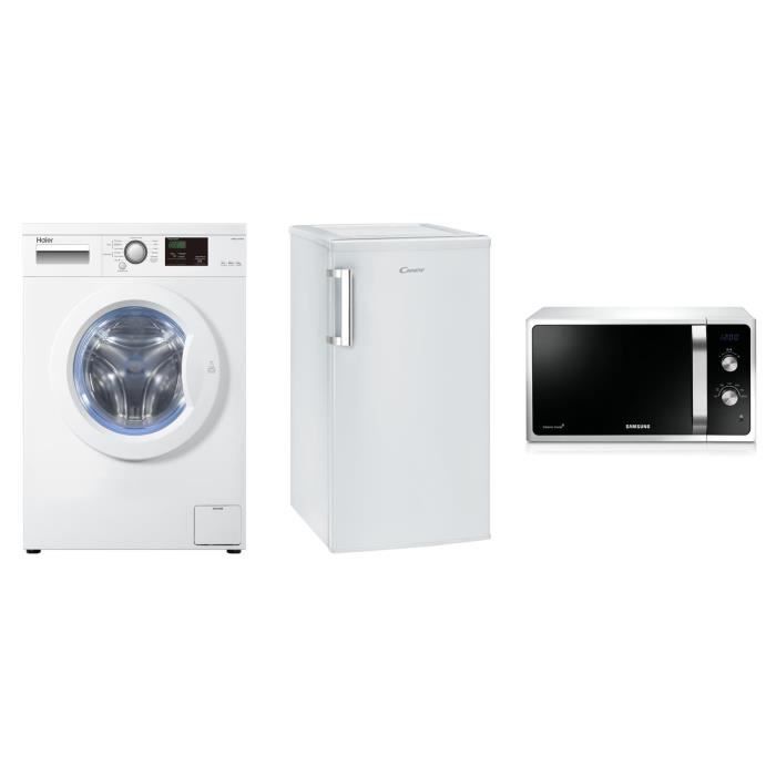 HAIER HW60-1411N Lave-linge frontal - 6 kg + CANDY CCTOS502WH Réfrigérateur table 84 L + 13 L + SAMSUNG MS23F300EAW Micro-ondes 23 L