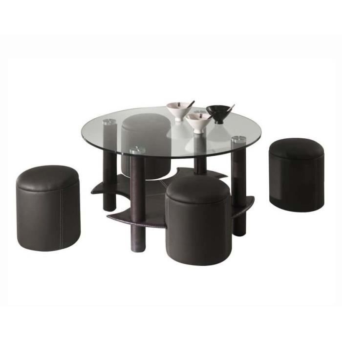 PANAMA Table de salon avec 4 poufs - Simili Noir - D.90 x H 45 cm