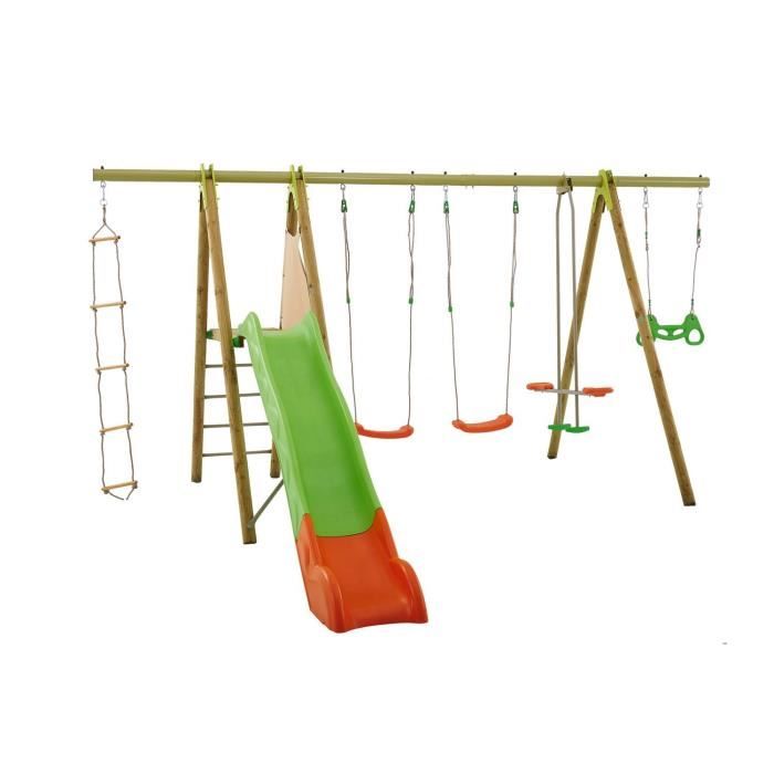 Balançoire / Portique en bois AMCA Portique 2,30 m avec toboggan et 5 agrès