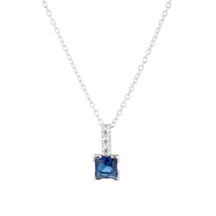 MONPLAISIR Collier Argent Fin 925/1000 Verre Bleu Saphir Carré