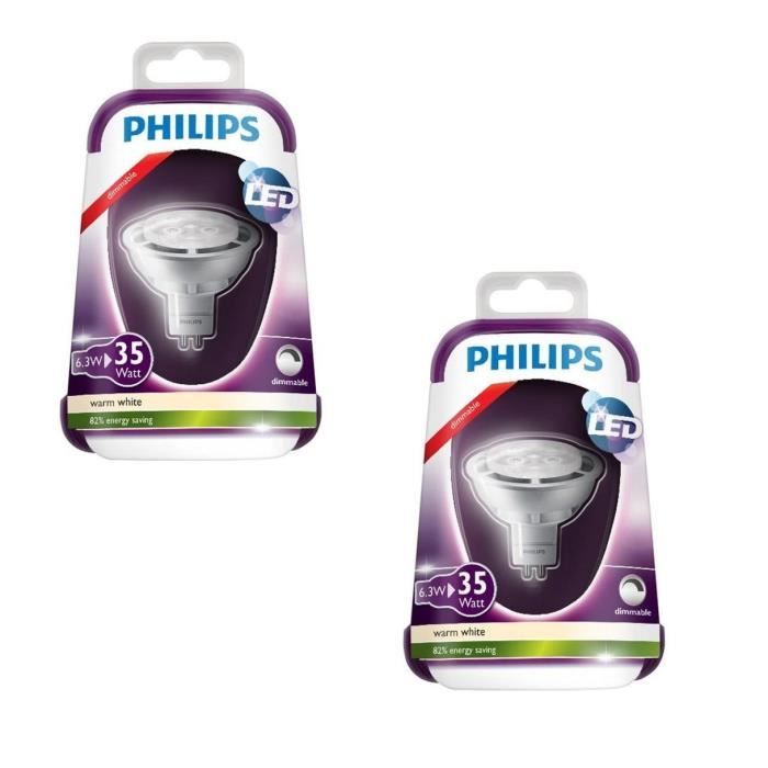 PHILIPS Lot de 2 ampoules spot LED GU5,3 6,3 W équivalent à 35 W 2700 K