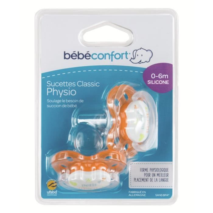 BEBE CONFORT Sucette Classique Physio Silicone 0/6m (x2) - Orange