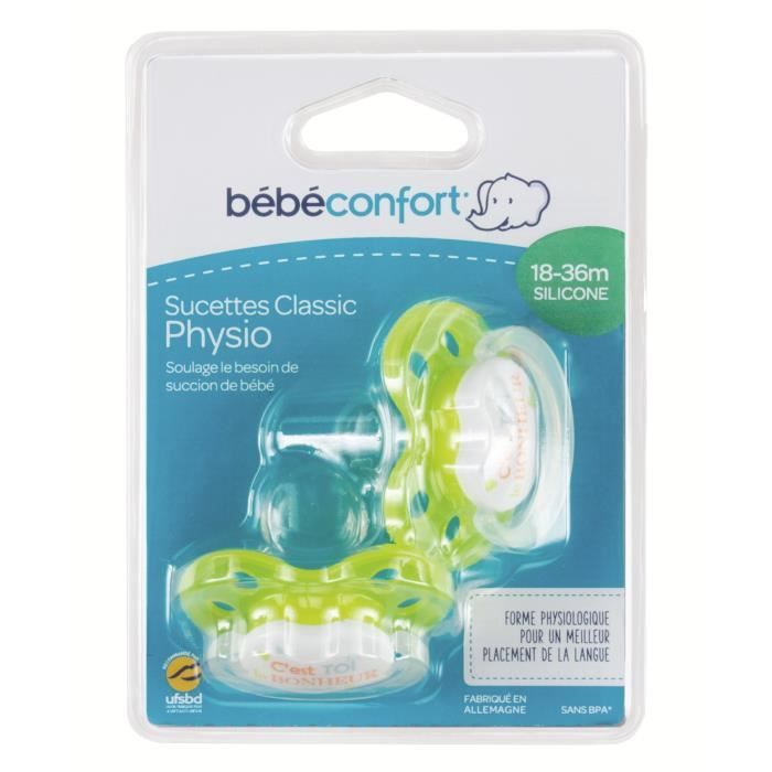 BEBE CONFORT Sucette Classique Physio Silicone 18/36m (x2) - Vert