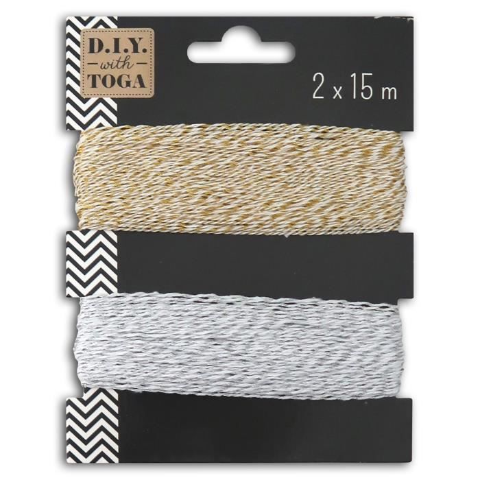 TOGA Lot de 2 Ficelles bicolore baker's twine - Or et Argent - 15m chacune