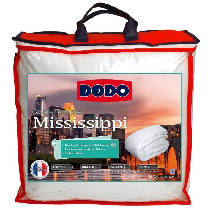 DODO Couette tempérée 300g/m² Anti Acariens MISSISSIPPI 200x200 cm blanc