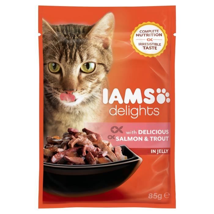 IAMS Delights Humide Saumon et Truite en gelée - Toutes Races - 85 g - Pour chat adulte