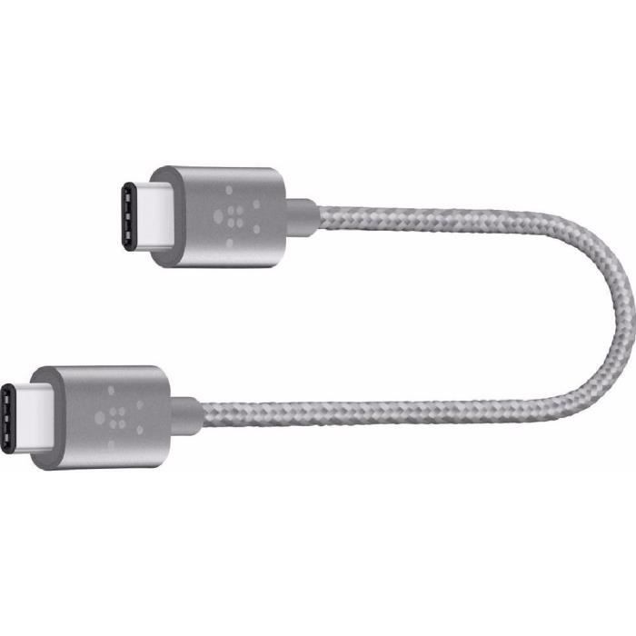BELKIN Câble de charge avec connecteur USB C 2.0 / 3.A / 60W / 15 CM / 4K - Gris métallique