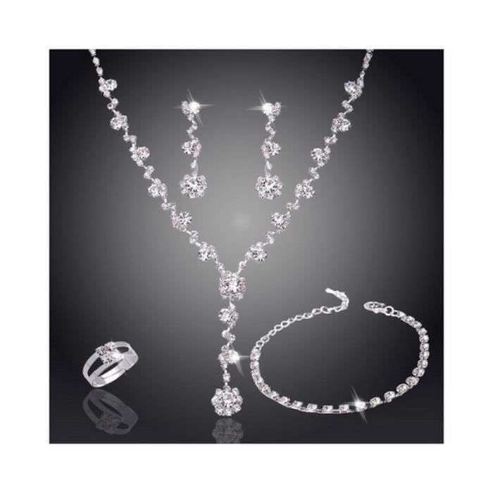 Parure Bijoux Mariage Cristal Africain 4 Pièces Argent 925