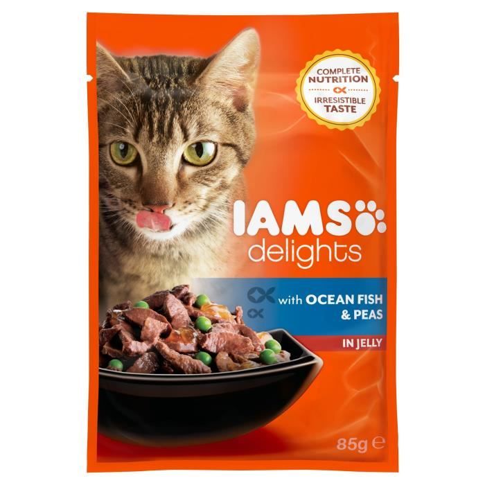 IAMS Delights Humide Poissons de mer et Petits pois en gelée - Toutes Races - 85 g - Pour chat adulte