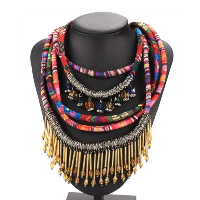 Collier ethnique chic en lin | Bijou bohème avec perles métal tendance