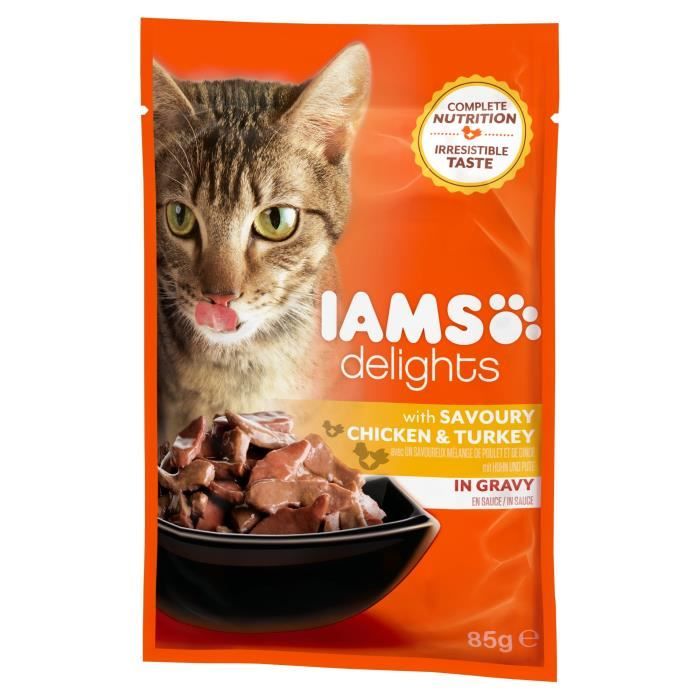 IAMS Delights Humide Poulet et Dinde en sauce - Toutes Races - 85 g - Pour chat adulte