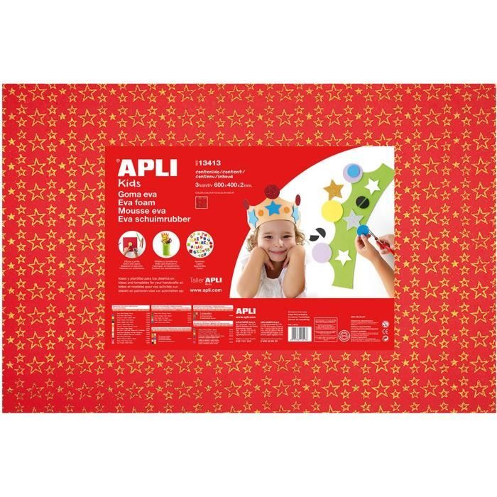 APLI Pochette 1 feuille de mousse caoutchouc - Rouge imprimée étoiles dorées