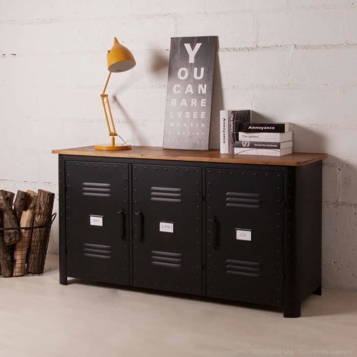 Buffet bas 3 portes en métal noir et plateau bois L150cm DECOCLICO