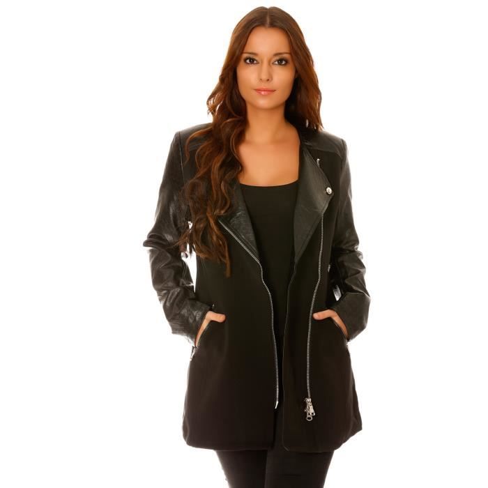 Manteau Long Noir avec les manches en simili cuir - 502 ...