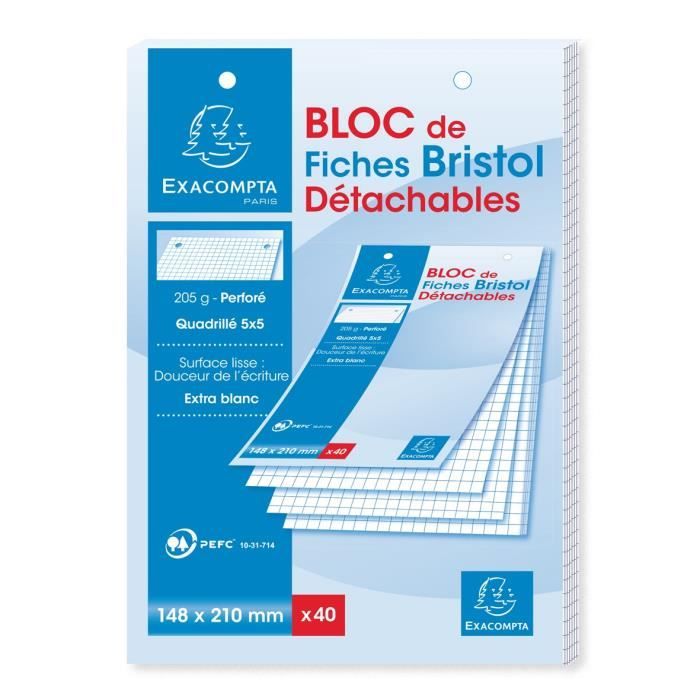 EXACOMPTA Bloc 40 fiches bristol blanches perforées 148 x 210 mm - 5 x 5 PEFC 205 g - Couverture enveloppée Carte 240 g