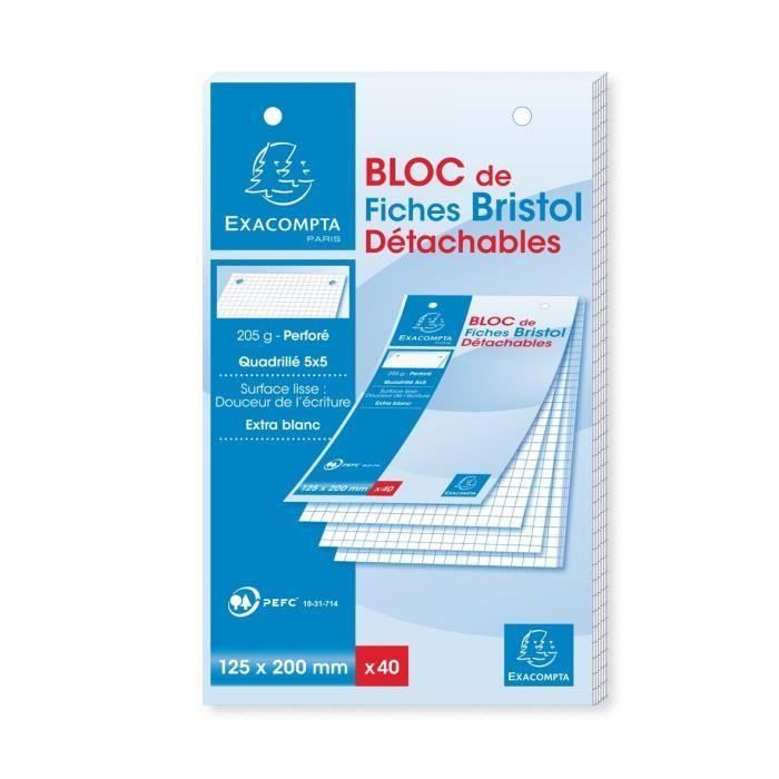 EXACOMPTA Bloc 40 fiches Bristol blanches perforées - 125 x 200 mm - 5 x 5 PEFC 205 g - Couverture enveloppée Carte 240 g (Lot de 3)