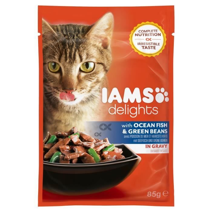 IAMS Delights Humide Poissons de mer et Haricots verts en sauce - Toutes Races - 85 g - Pour chat adulte