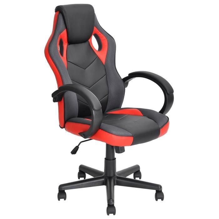 LINTON Fauteuil de bureau - Simili PU et tissu maille noir et rouge - Style contemporain - L 61 x P 64 cm