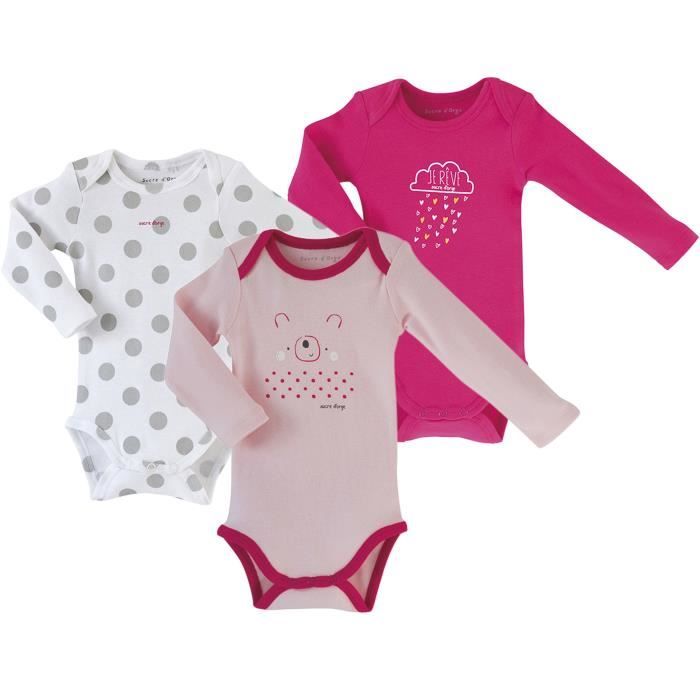 Lot de 3 bodies bébé Fille SUCRE D'ORGE - manches longues Rose et Blanc