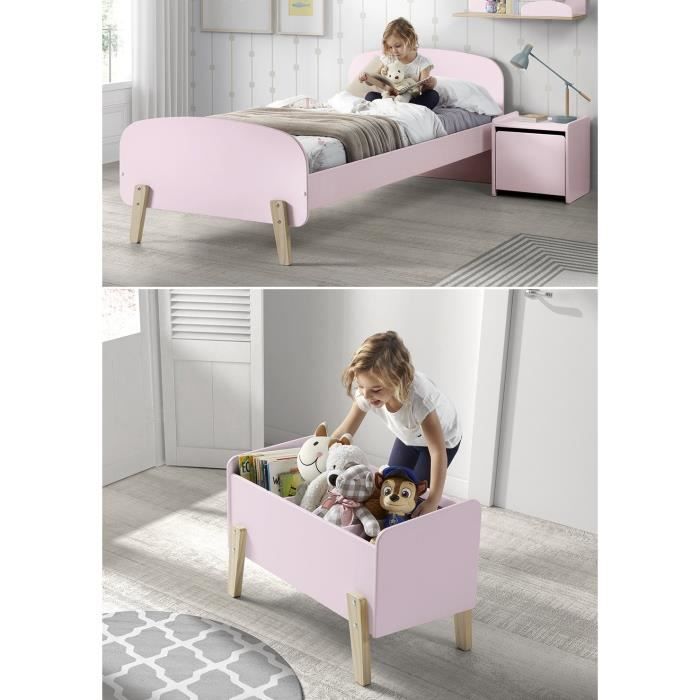 KIDDY Chambre enfant complète style scandinave en bois pin massif et MDF laqué vieux rose - l 90 x L 200 cm