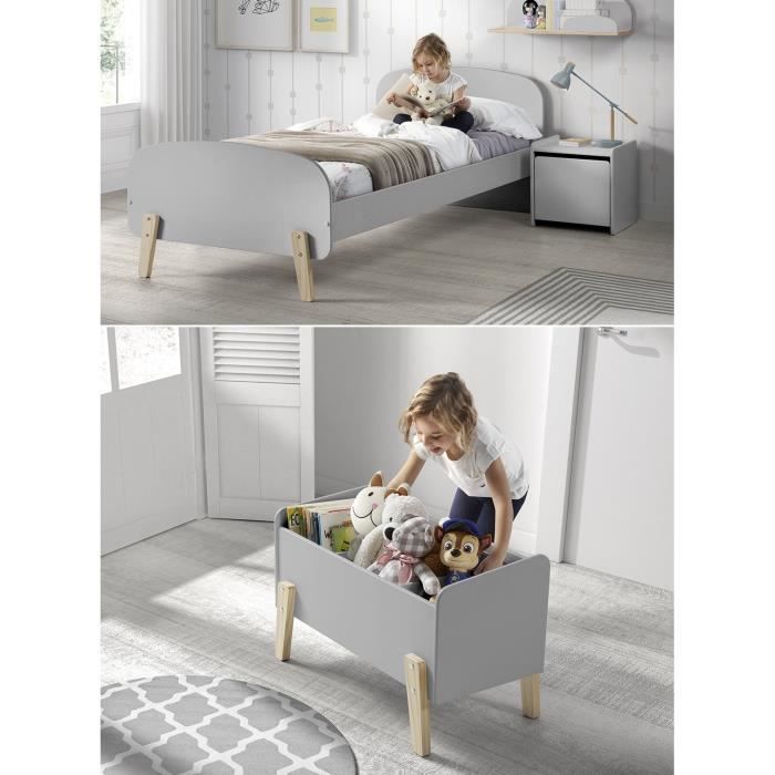 KIDDY Chambre enfant complète style scandinave en bois pin massif et MDF laqué gris cool - l 90 x L 200 cm