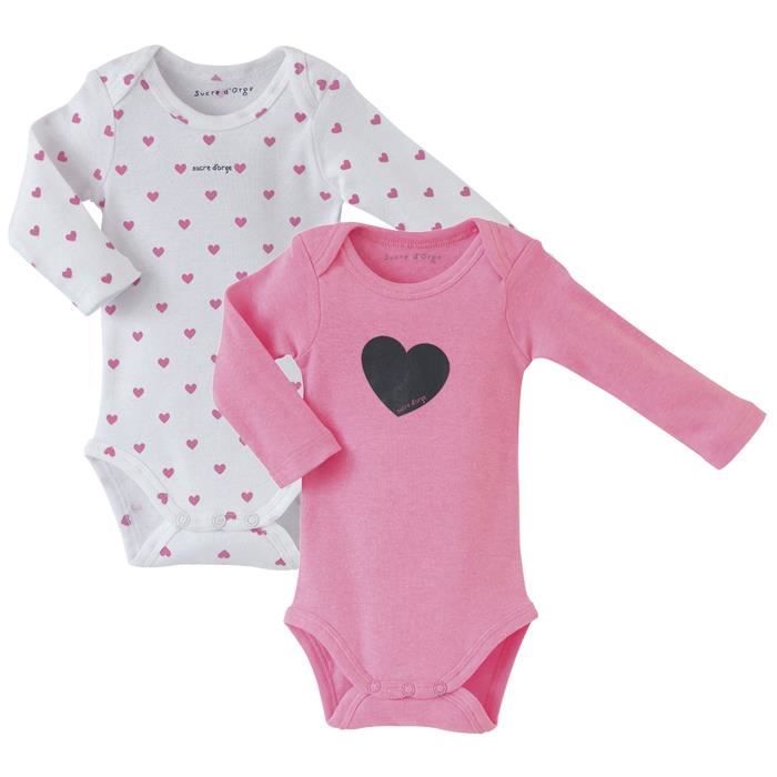Lot de 2 bodies bébé Fille SUCRE D'ORGE - manches longues Rose fluo et Blanc