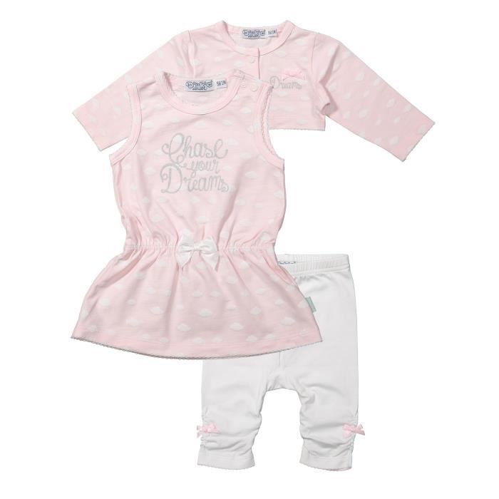 DIRKJE Ensemble 3 Pièces Boléro + Robe + Legging Assorti Rose et Blanc Bébé Fille
