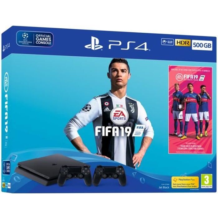 Pack PS4 500 Go Noire + FIFA 19 + 2ème manette DualShock 4 + 14 jours d'essai PlayStation Plus