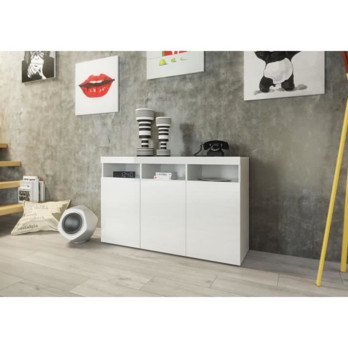 BURRATA Buffet contemporain structure blanc mélaminé et façade blanc laqué - L 130 cm
