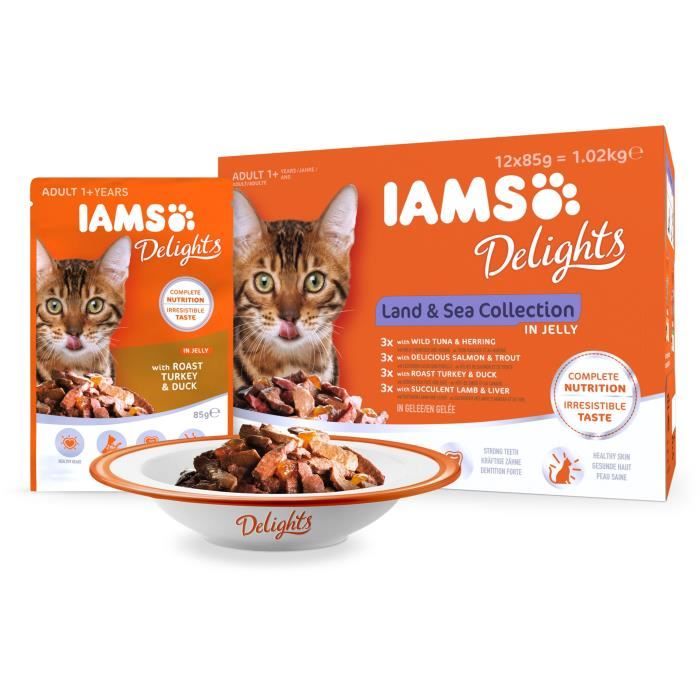 IAMS Delights multibox Saveurs Terre et Mer en gelée (Land & sea Collection) - Toutes Races - 12x85 g - Pour chat adulte