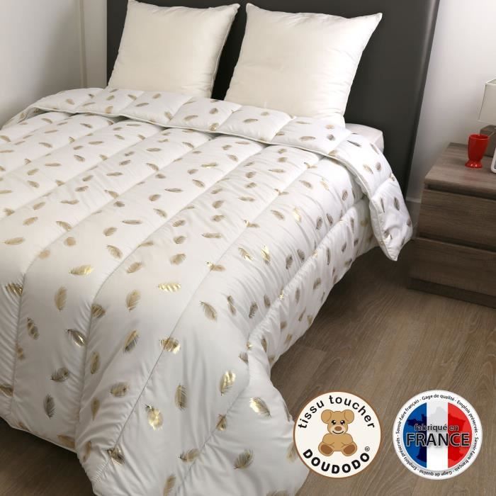 DODO Couette chaude 400 gr/m² COLETTE - 220x240 cm - Blanc imprimé Plumes dorées