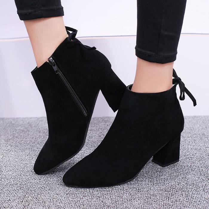Femmes Bottes Talon Carré Lace Up Bottines Martin Bottes Talons Plateformes Noir WE703
