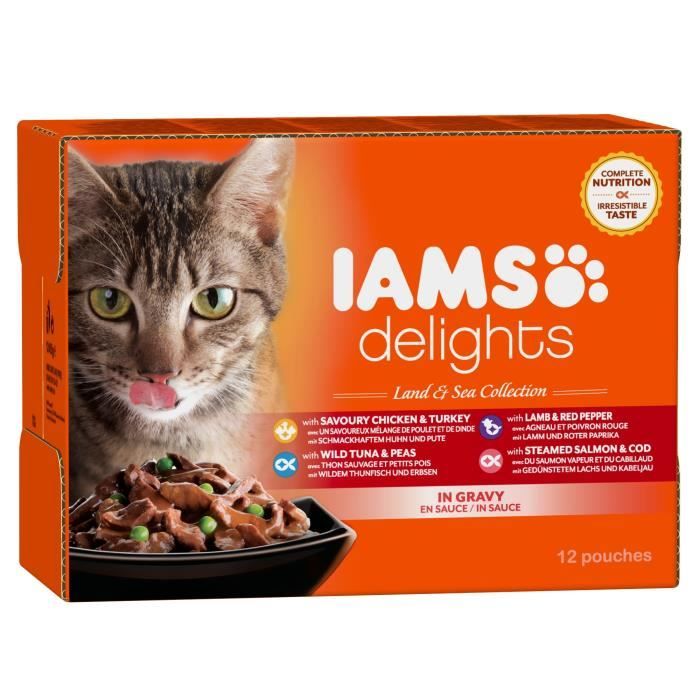 IAMS Delights multibox Saveurs Terre et Mer en sauce (Land & sea Collection) - Toutes Races - 12x85 g - Pour chat adulte