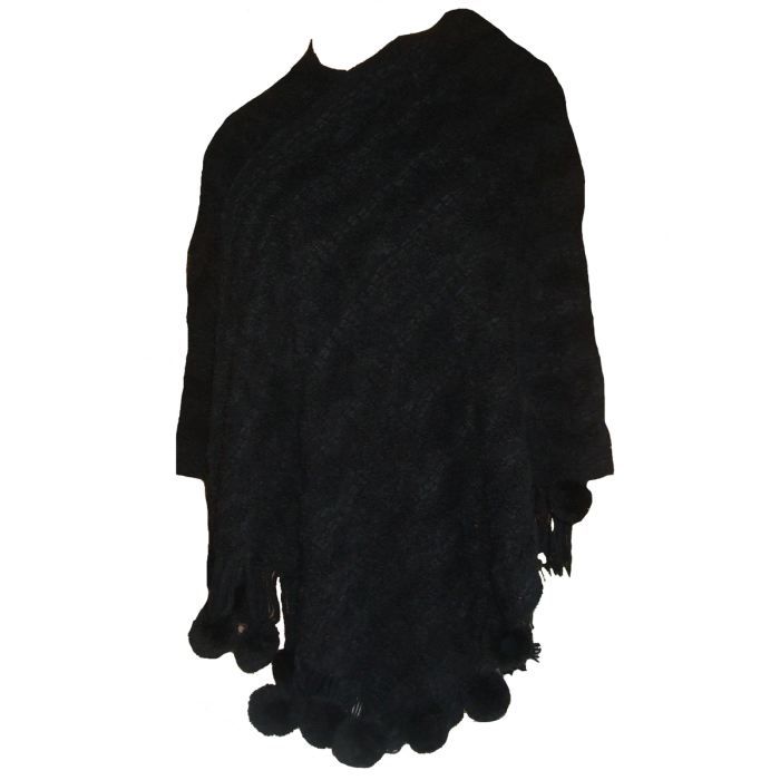 Poncho femme cape grand modèle Noir à pompons Noir - Achat ...