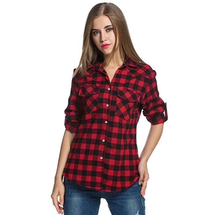 Femmes Chemises Carreaux Enroulez Flanelle Manches Bouton À Tartan gtr5wt