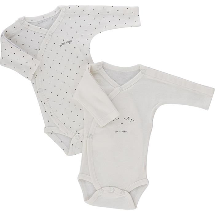 Lot de 2 bodies bébé Mixte SUCRE D'ORGE - manches longues Blanc et gris Etoiles