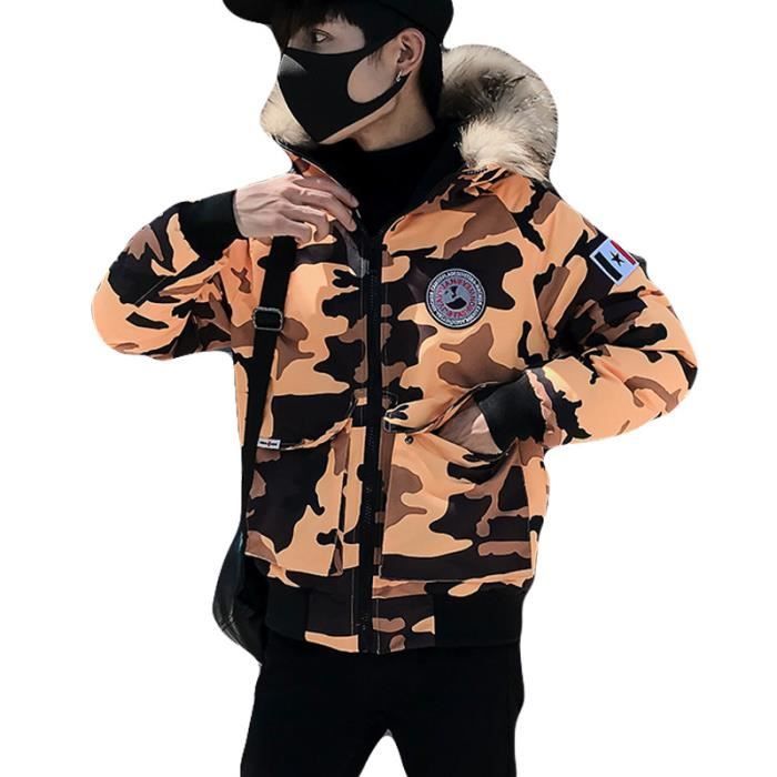 Doudoune Col De Luxe Marque Fourrure À Homme Capuche Camouflage wrqXrYx