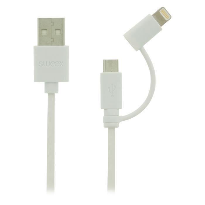 SWEEX Smca Câble de chargement et de données 2 en 1, USB 2.0 Fiche A Micro B avec adaptateur Lightning, 1 m Blanc
