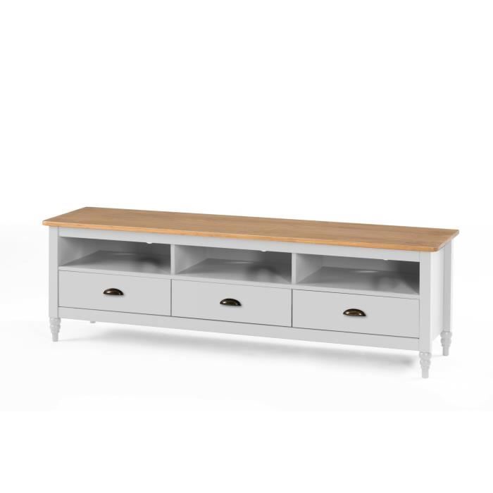 LAVANDE Meuble TV 3 tiroirs en pin massif - Décor blanc ciré - L 158 x P 40 x H 49 cm