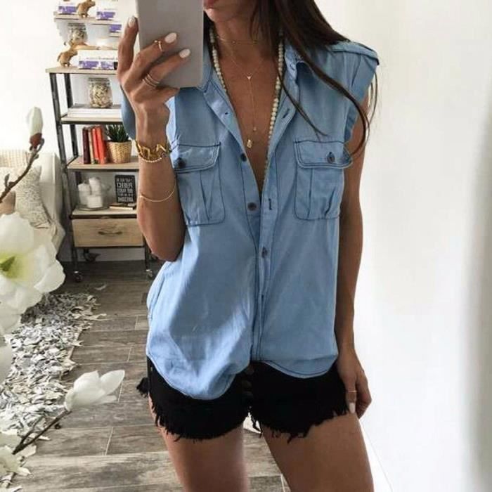 Jean Bleu Manches Sans Chemise Vrac Chemisier En Femme wC6EZqO