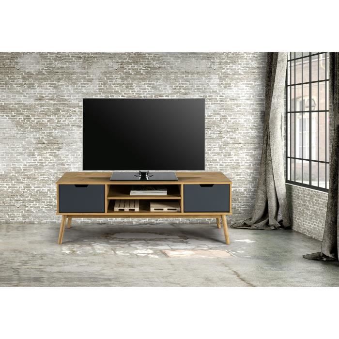 DELHI Meuble TV 2 portes en pin massif - Décor gris et ciré - L 140 x P 40 x H 52,5 cm