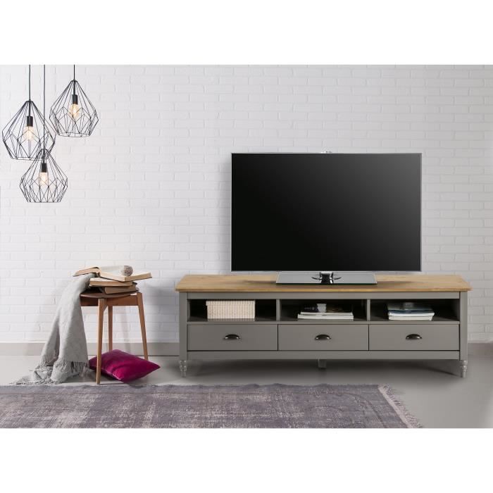 LAVANDE Meuble TV 3 tiroirs en pin massif - Décor gris ciré - L 158 x P 40 x H 49 cm