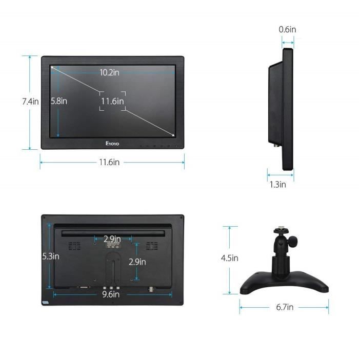 Moniteur LCD TFT 12 pouces Eyoyo avec entrée2