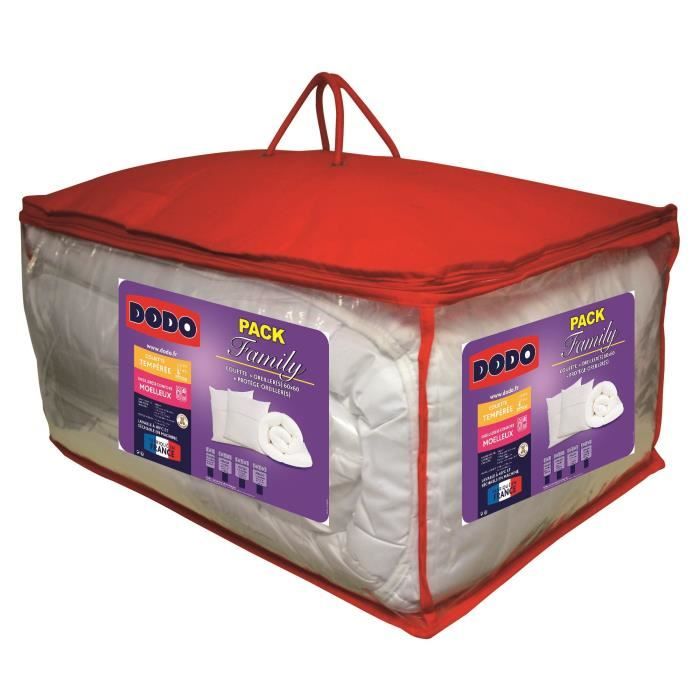 DODO Pack FAMILY : 1 couette 240x260 cm + 2 oreillers 60x60 cm + 2 protège-oreillers blanc