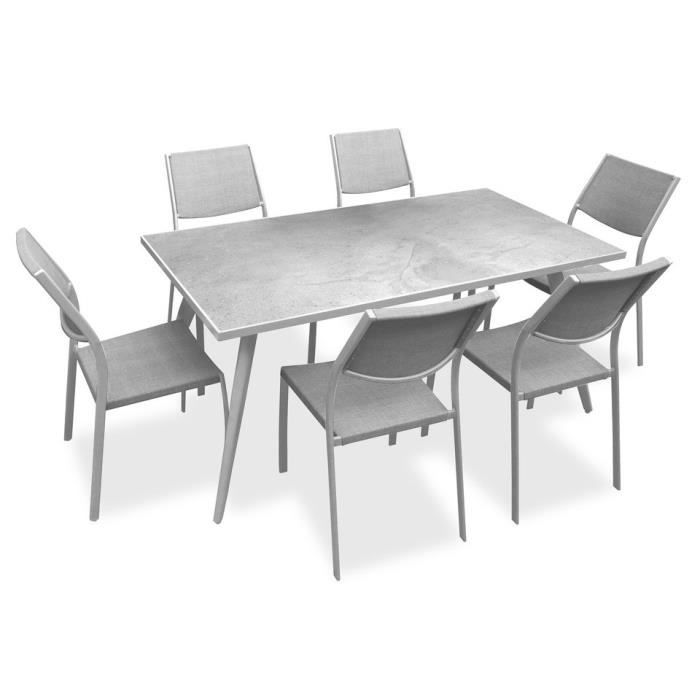 Ensemble 1 table rectangulaire avec 6 chaises en métal et plateau en grès - 162x82x74cm - Blanc