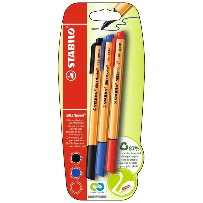 STABILO GREENpoint lot de 3 stylos feutres noir bleu rouge
