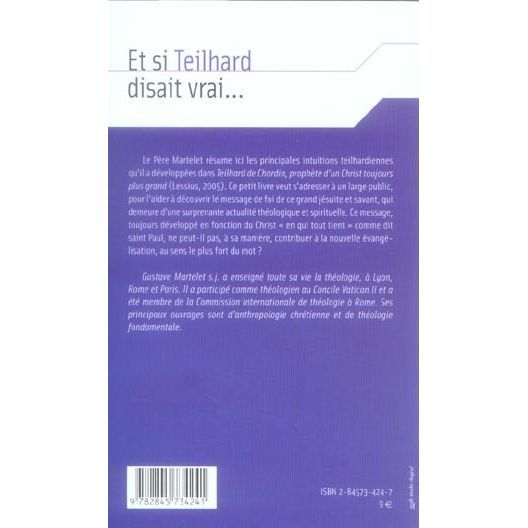 Et si teilhard disait vrai   Achat / Vente livre Gustave Martelet pas